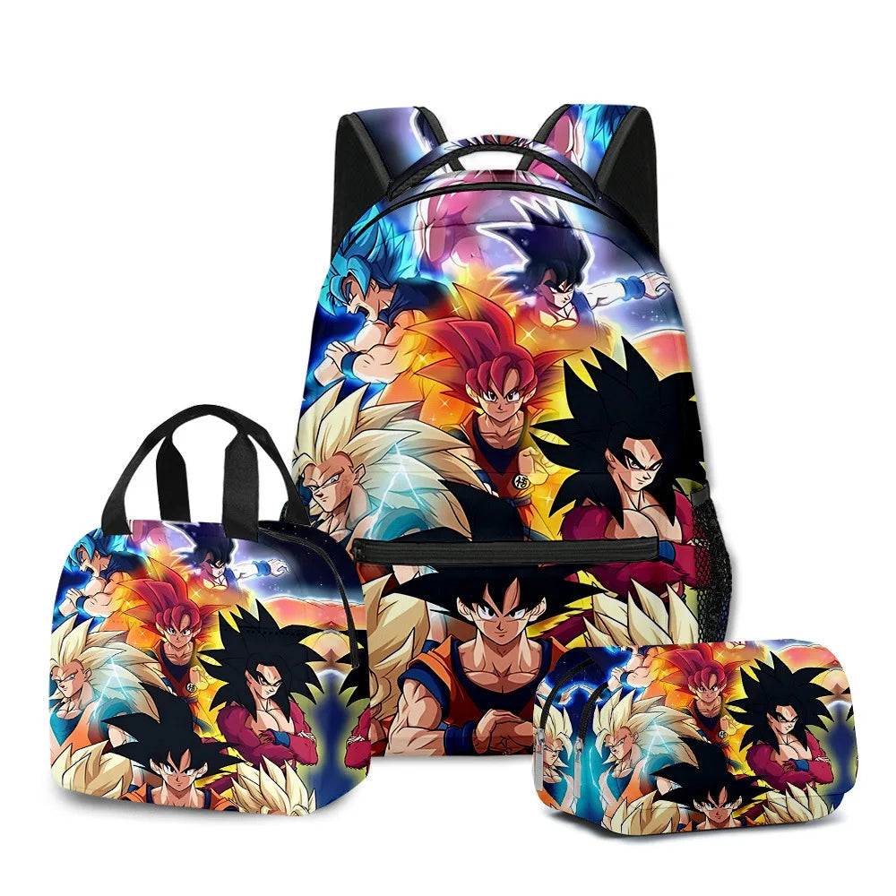 3D Print Dragon Ball Large Capacity Backpack Set Goku Super Saiyan GT Z Lunch Bag Pencil Case for Boys School Travel Picnic 20L